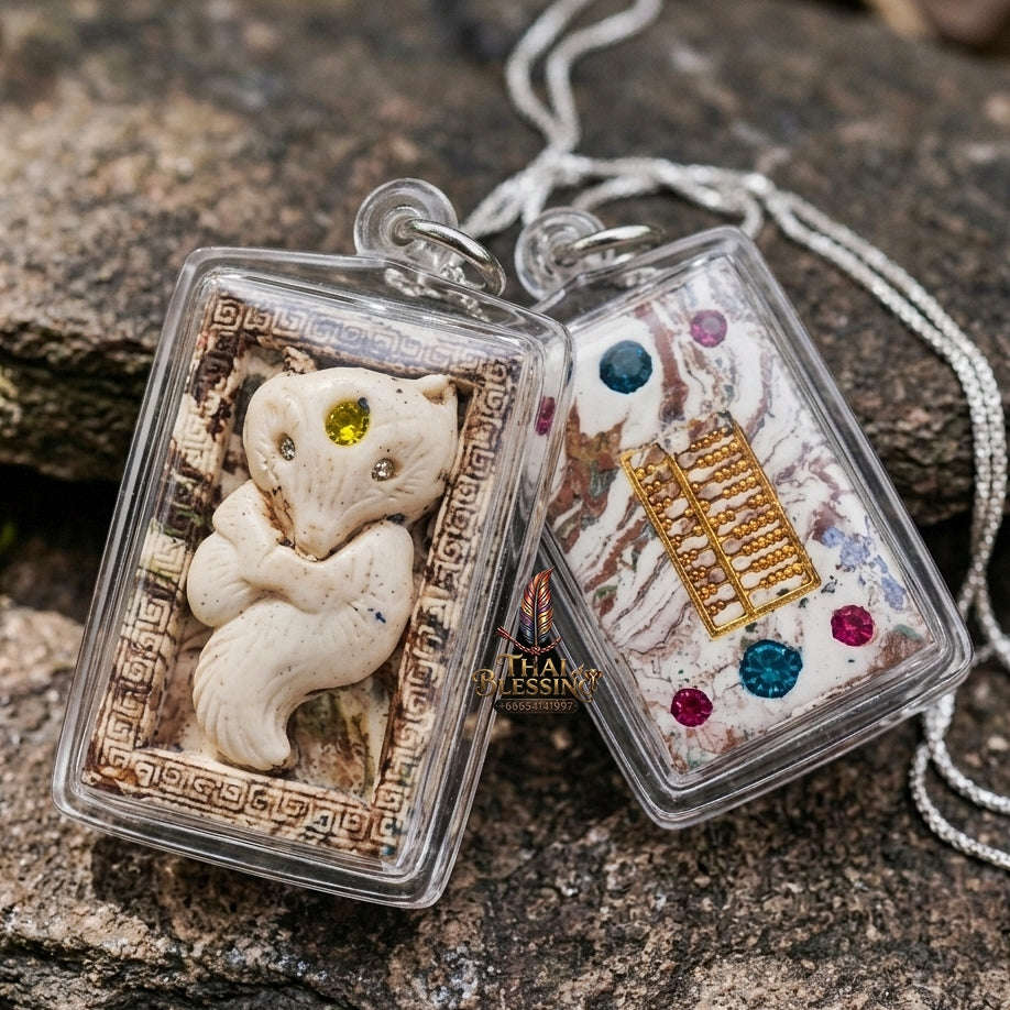Authentic Thai Nine-Tailed Fox Amulet "Sacred White Powder Fox Pendant with Golden Abacus" Consecrated by Kruba Krissana Intawanno at Weruwan Forest Monastery B.E. 2562 (2019) Thai Blessing Co By RURUECHA