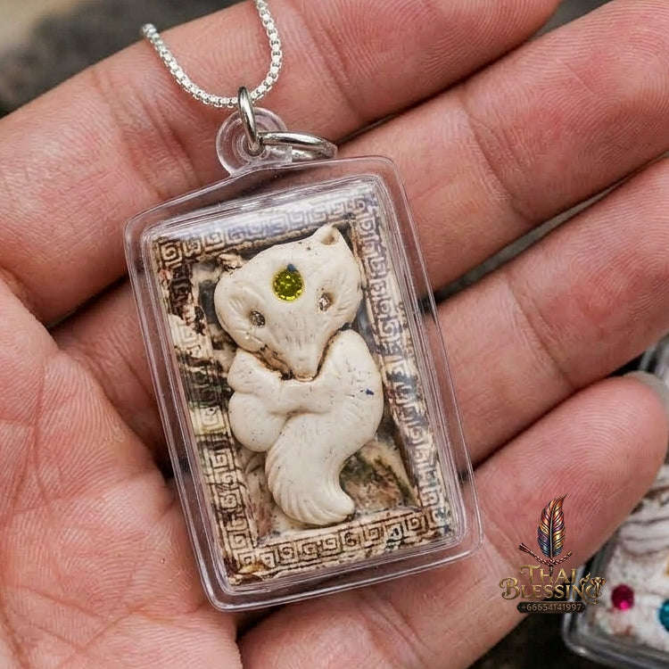 Authentic Thai Nine-Tailed Fox Amulet "Sacred White Powder Fox Pendant with Golden Abacus" Consecrated by Kruba Krissana Intawanno at Weruwan Forest Monastery B.E. 2562 (2019) Thai Blessing Co By RURUECHA