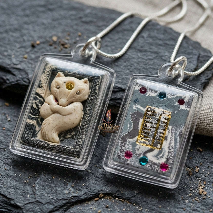 Authentic Thai Nine-Tailed Fox Amulet "Sacred White Powder Fox Pendant with Golden Abacus" Consecrated by Kruba Krissana Intawanno at Weruwan Forest Monastery B.E. 2562 (2019)