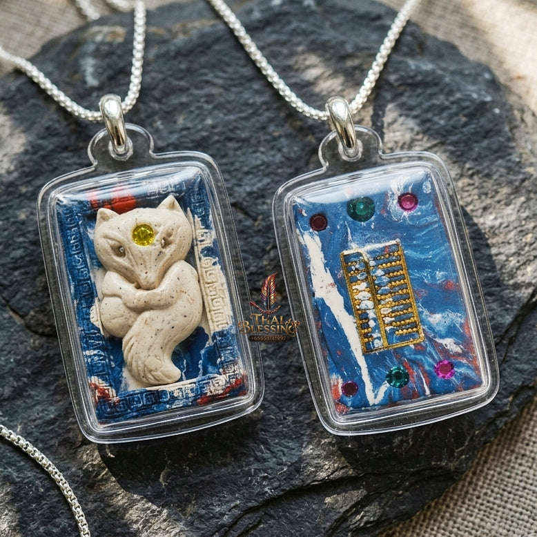 Authentic Thai Nine-Tailed Fox Amulet "Sacred White Powder Fox Pendant with Golden Abacus & Necklace Chain" Consecrated by Kruba Krissana Intawanno