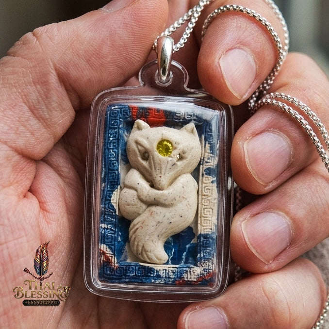 Authentic Thai Nine-Tailed Fox Amulet "Sacred White Powder Fox Pendant with Golden Abacus & Necklace Chain" Consecrated by Kruba Krissana Intawanno