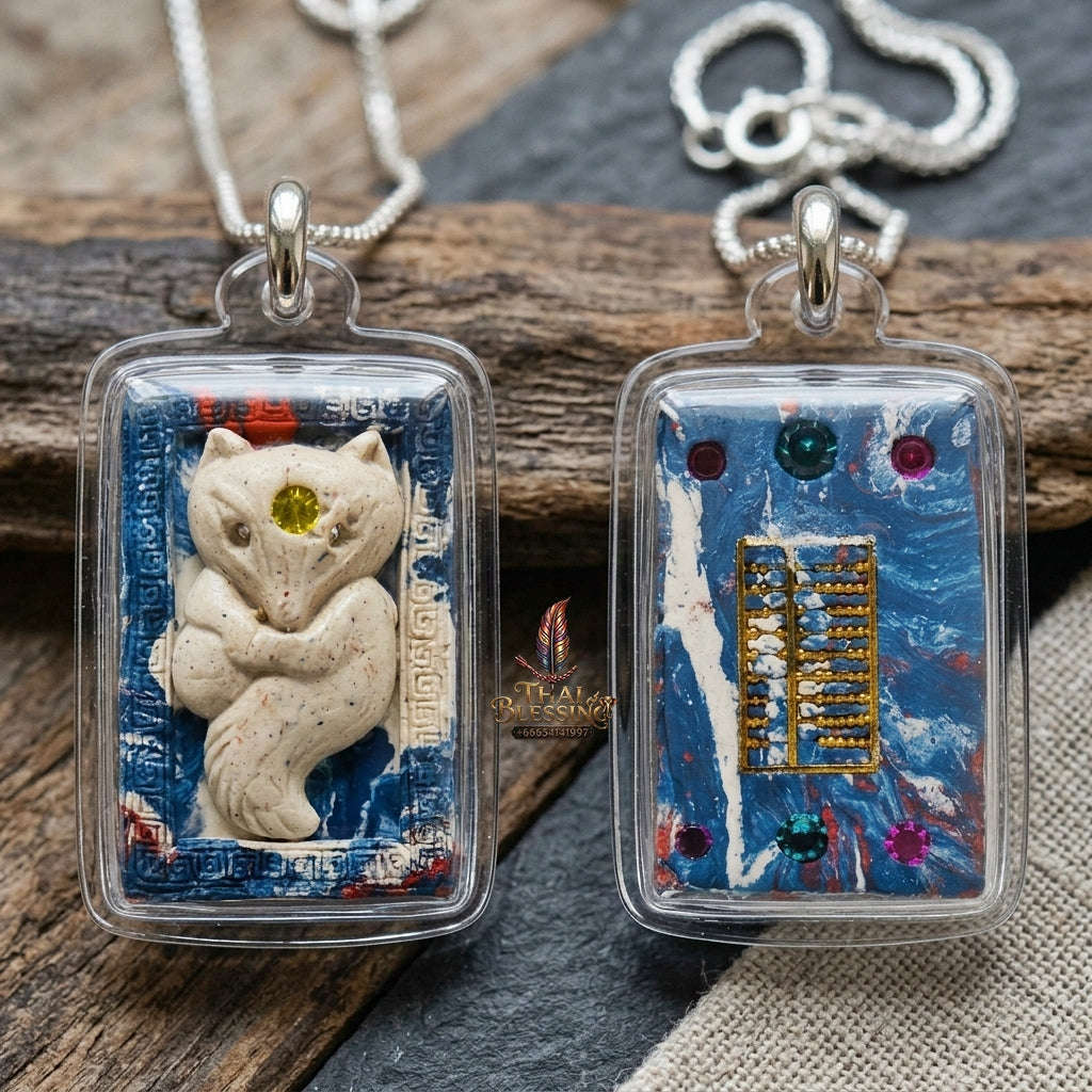 Authentic Thai Nine-Tailed Fox Amulet "Sacred White Powder Fox Pendant with Golden Abacus & Necklace Chain" Consecrated by Kruba Krissana Intawanno