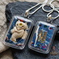 Authentic Thai Nine-Tailed Fox Amulet "Sacred White Powder Fox Pendant with Golden Abacus & Necklace Chain" Consecrated by Kruba Krissana Intawanno