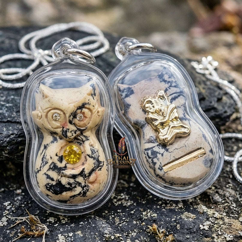 Authentic Thai Nine-Tailed Fox Amulet "White-Black Marble Sacred Powder Fox Pendant with Golden In Koo & Takrut" Consecrated by Kruba Krissana Intawanno at Weruwan Forest Monastery B.E. 2562 (2019) Thai Blessing Co By RURUECHA