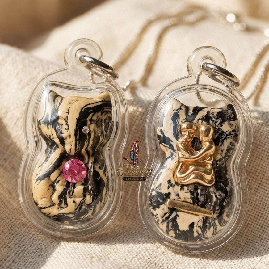 Authentic Thai Nine-Tailed Fox Amulet "White & Black Marble Sacred Powder Fox Pendant with Pink Gem, Golden In Koo & Takrut" Consecrated by Kruba Krissana Intawanno at Weruwan Forest Monastery B.E. 2562 (2019) Thai Blessing Co By RURUECHA