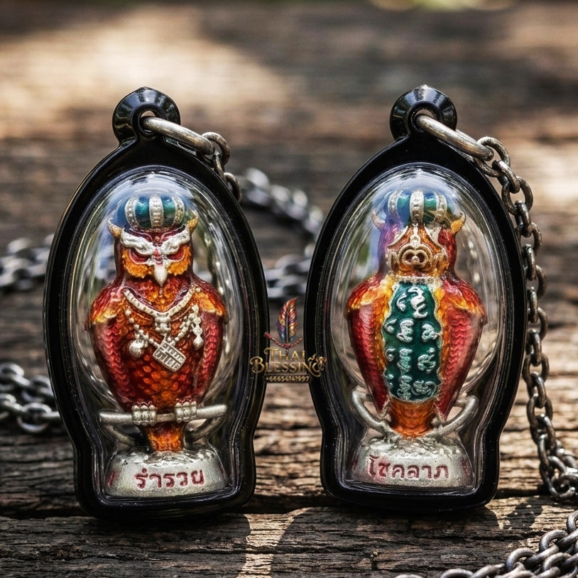 Authentic Thai Sacred Nok Theid Theud Owl Amulet (Chao Sap Rattikan) for Night Gambling Luck, Wealth Attraction & Business Trade