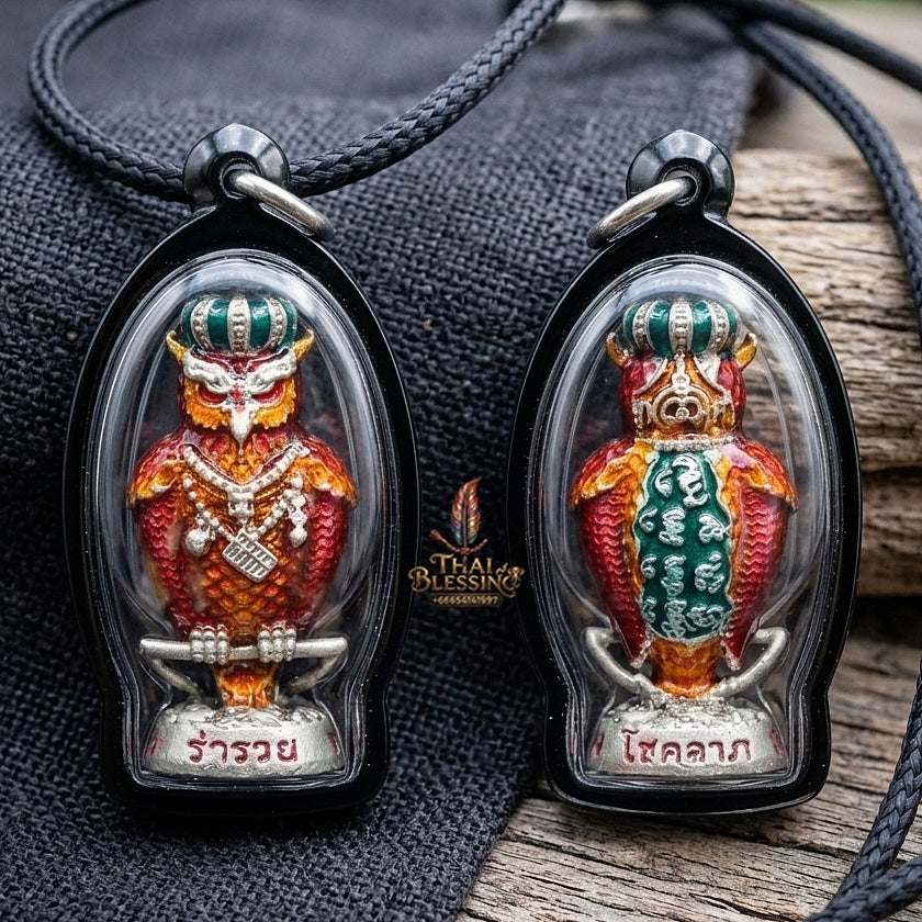Authentic Thai Sacred Nok Theid Theud Owl Amulet (Chao Sap Rattikan) for Night Gambling Luck, Wealth Attraction & Business Trade