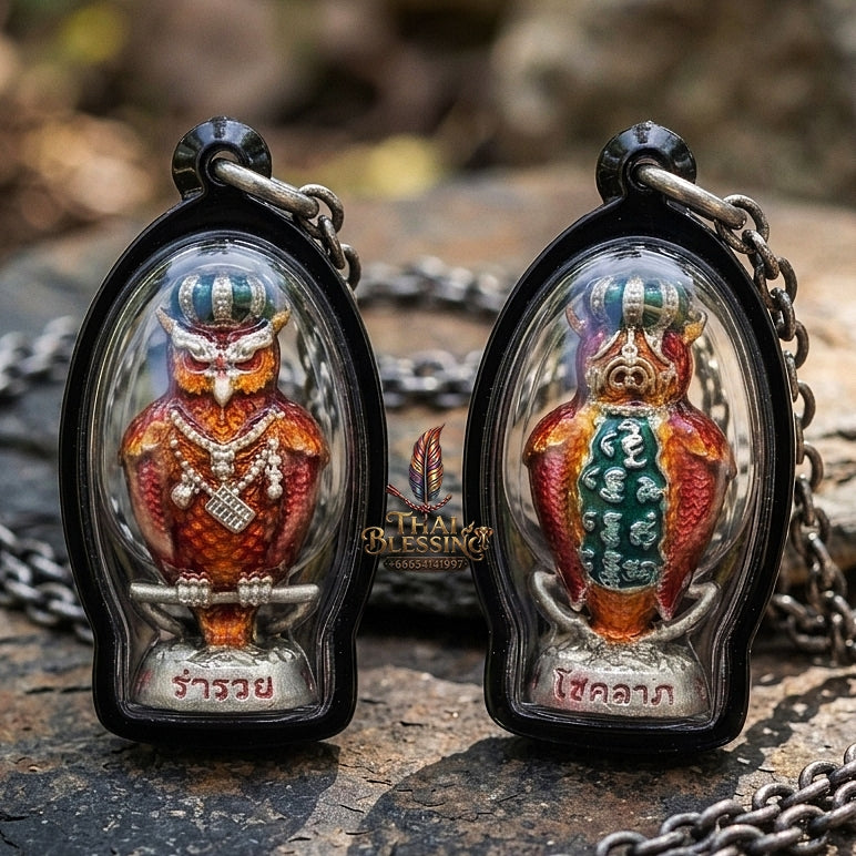 Authentic Thai Sacred Nok Theid Theud Owl Amulet (Chao Sap Rattikan) for Night Gambling Luck, Wealth Attraction & Business Trade