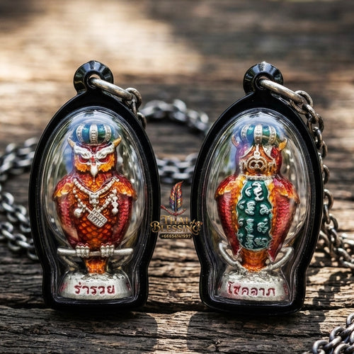 Authentic Thai Sacred Nok Theid Theud Owl Amulet (Chao Sap Rattikan) for Night Gambling Luck, Wealth Attraction & Business Trade