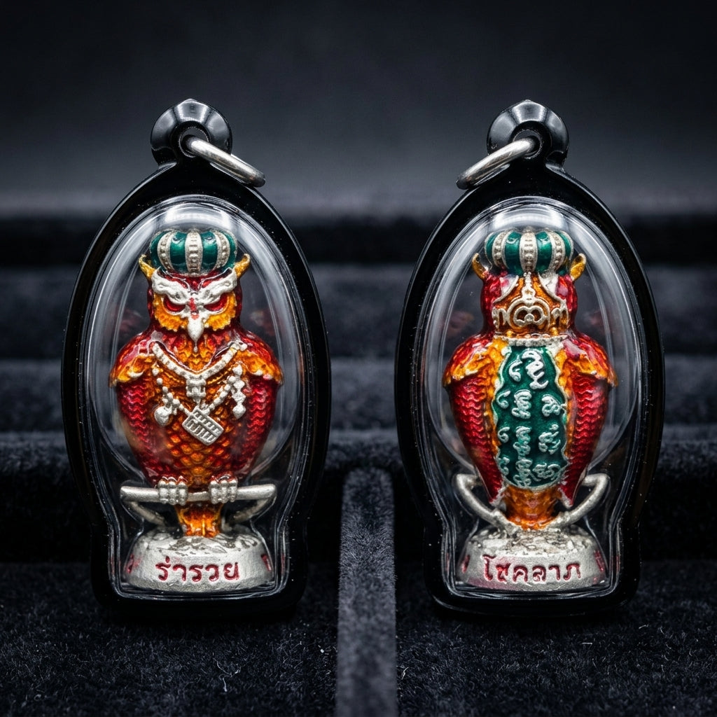Authentic Thai Sacred Nok Theid Theud Owl Amulet (Chao Sap Rattikan) for Night Gambling Luck, Wealth Attraction & Business Trade