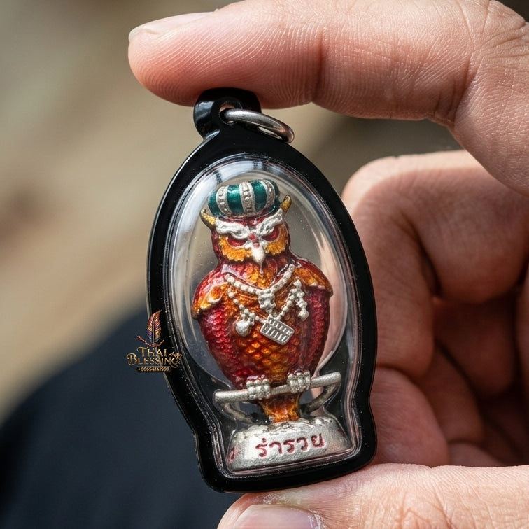 Authentic Thai Sacred Nok Theid Theud Owl Amulet (Chao Sap Rattikan) for Night Gambling Luck, Wealth Attraction & Business Trade