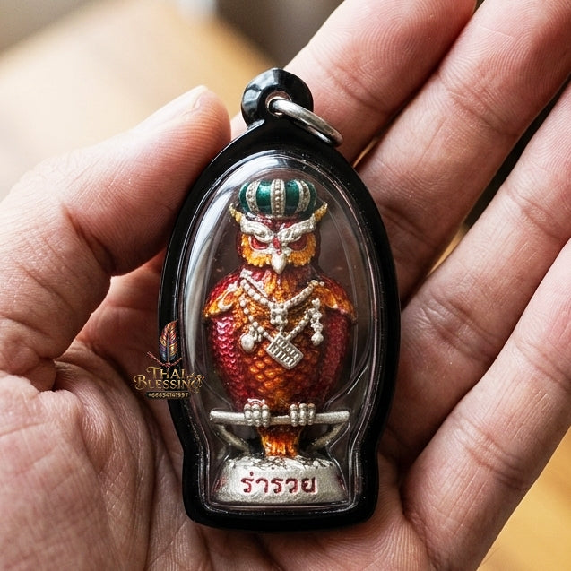 Authentic Thai Sacred Nok Theid Theud Owl Amulet (Chao Sap Rattikan) for Night Gambling Luck, Wealth Attraction & Business Trade