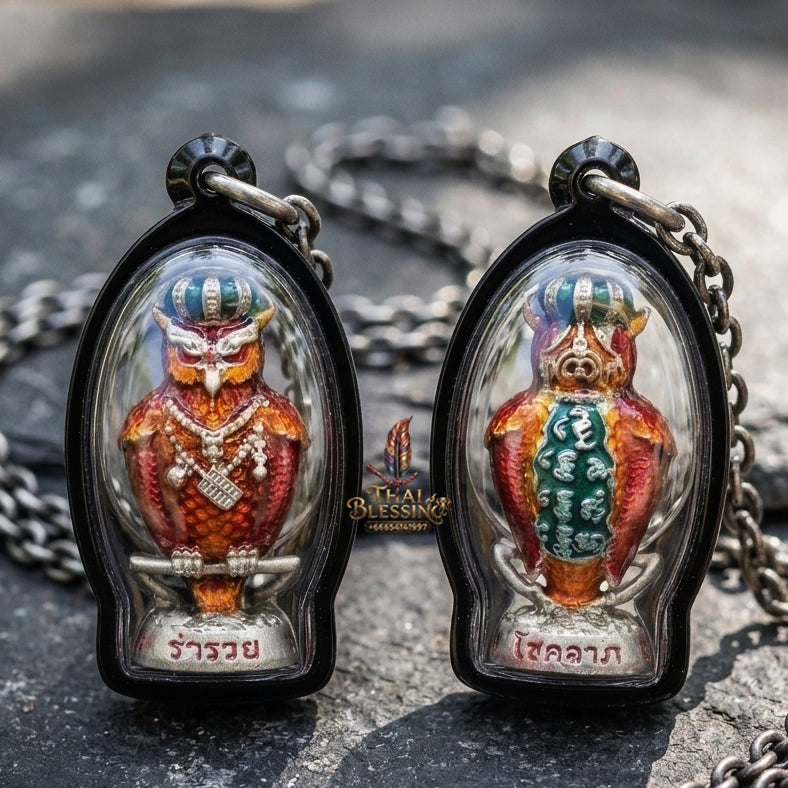 Authentic Thai Sacred Nok Theid Theud Owl Amulet (Chao Sap Rattikan) for Night Gambling Luck, Wealth Attraction & Business Trade