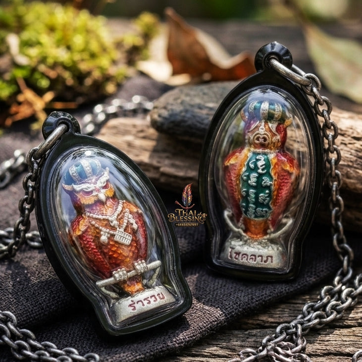 Authentic Thai Sacred Nok Theid Theud Owl Amulet (Chao Sap Rattikan) for Night Gambling Luck, Wealth Attraction & Business Trade