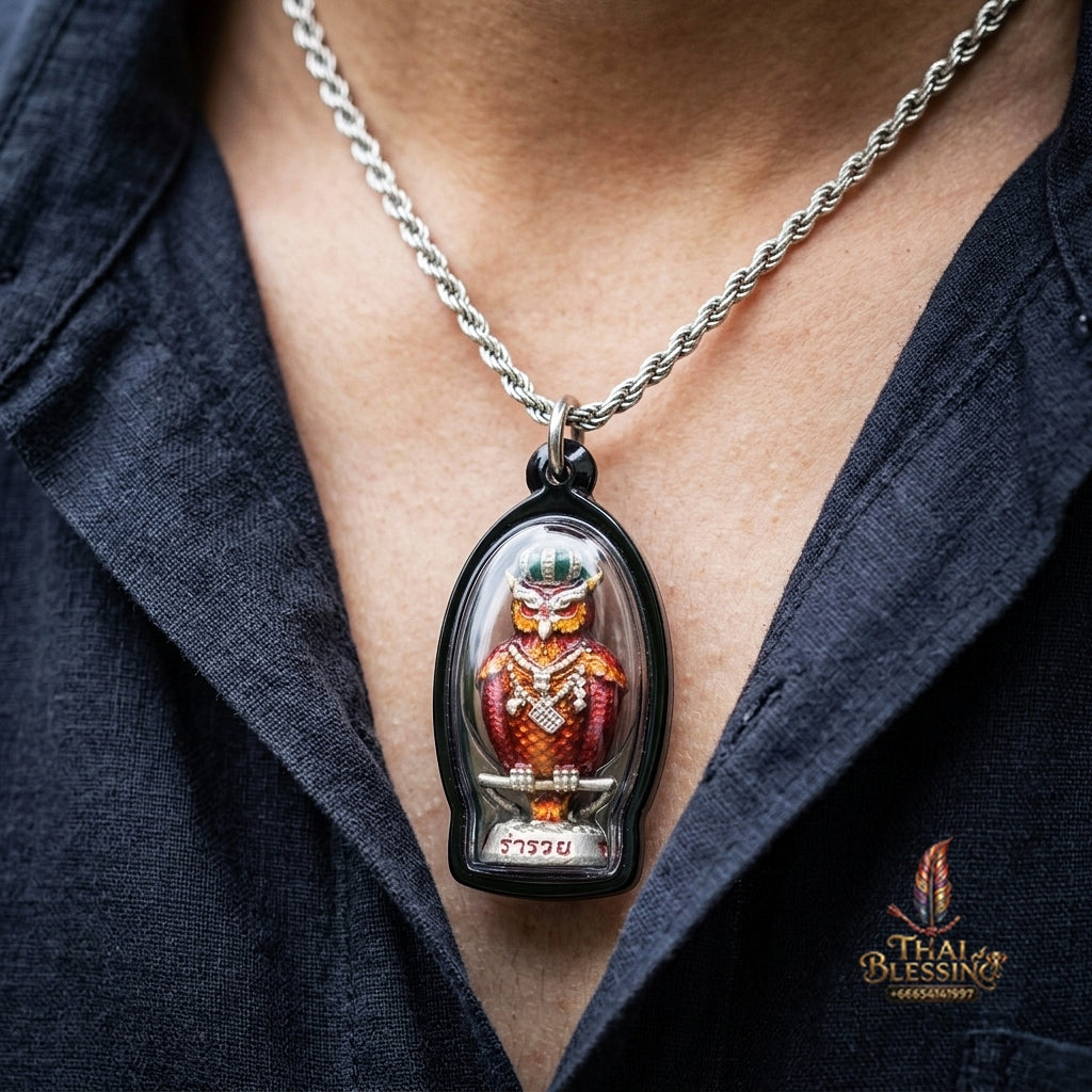 Authentic Thai Sacred Nok Theid Theud Owl Amulet (Chao Sap Rattikan) for Night Gambling Luck, Wealth Attraction & Business Trade