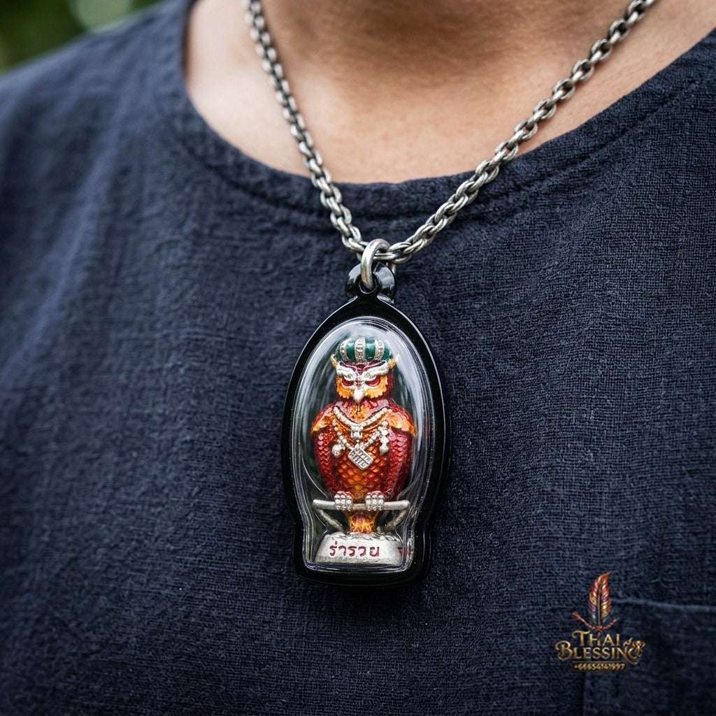 Authentic Thai Sacred Nok Theid Theud Owl Amulet (Chao Sap Rattikan) for Night Gambling Luck, Wealth Attraction & Business Trade