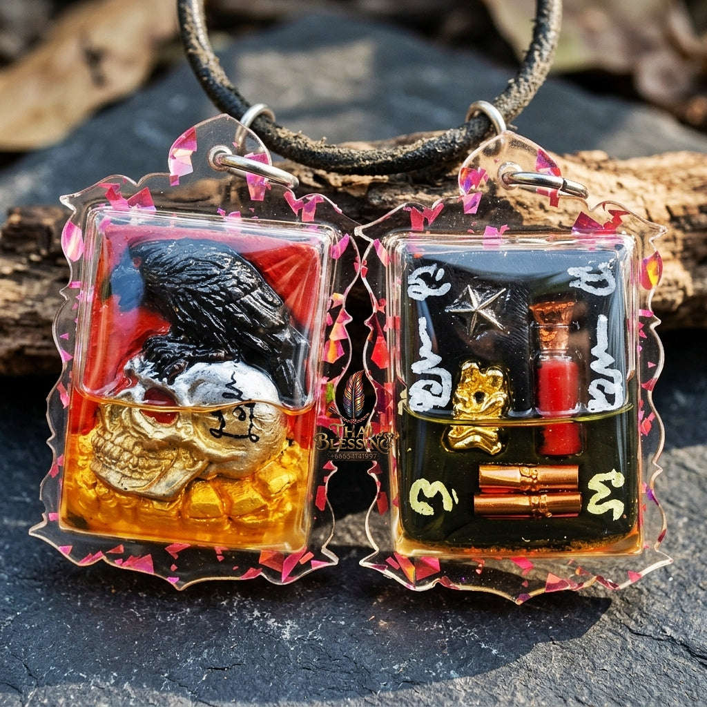 Authentic Thai Occult Charm Amulet "E-Ka Tom Sak BE 2566" - Crow on Skull Sacred Cemetery Powder Pendant in Wan Dok Thong Oil