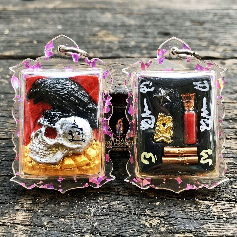 Authentic Thai Occult Charm Amulet "E-Ka Tom Sak BE 2566" - Crow on Skull Sacred Cemetery Powder Pendant in Wan Dok Thong Oil