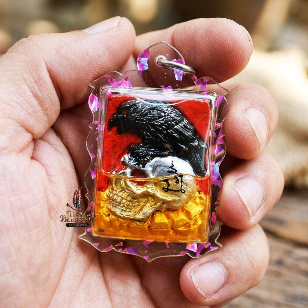 Authentic Thai Occult Charm Amulet "E-Ka Tom Sak BE 2566" - Crow on Skull Sacred Cemetery Powder Pendant in Wan Dok Thong Oil