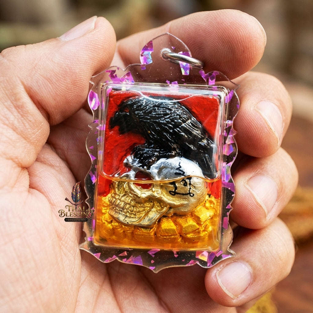 Authentic Thai Occult Charm Amulet "E-Ka Tom Sak BE 2566" - Crow on Skull Sacred Cemetery Powder Pendant in Wan Dok Thong Oil