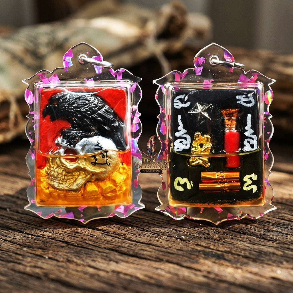 Authentic Thai Occult Charm Amulet "E-Ka Tom Sak BE 2566" - Crow on Skull Sacred Cemetery Powder Pendant in Wan Dok Thong Oil