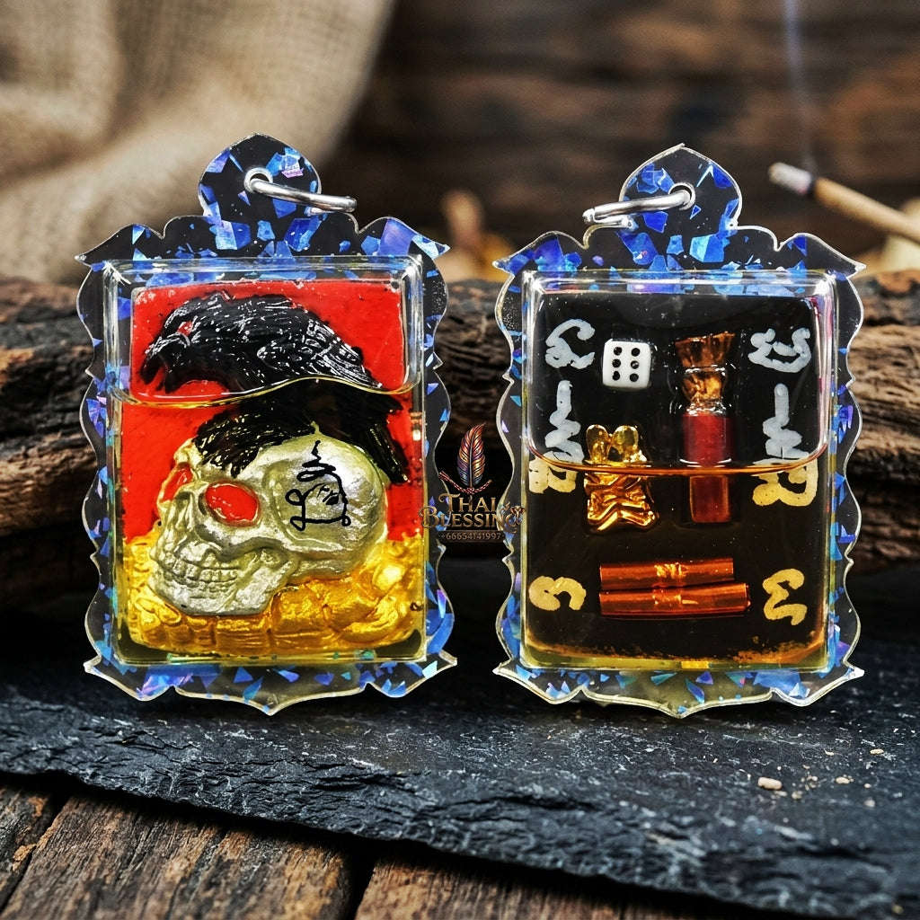 Authentic Thai Occult Charm Amulet "E-Ka Tom Sak BE 2566" - Crow on Skull Sacred Cemetery Powder Pendant with Lucky Dice in Wan Dok Thong Oil