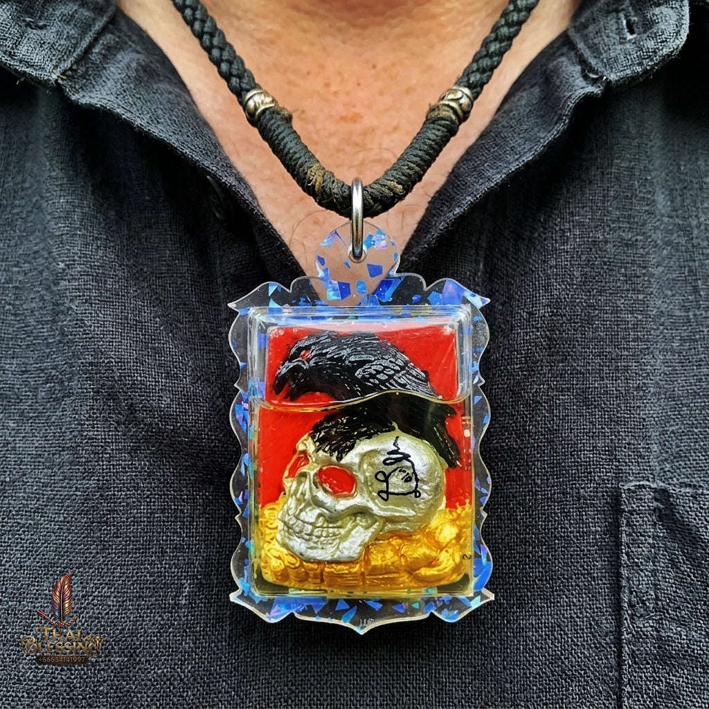 Authentic Thai Occult Charm Amulet "E-Ka Tom Sak BE 2566" - Crow on Skull Sacred Cemetery Powder Pendant with Lucky Dice in Wan Dok Thong Oil
