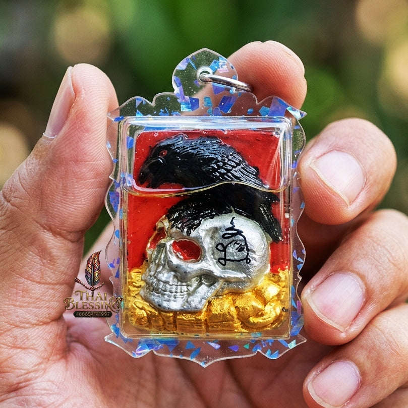 Authentic Thai Occult Charm Amulet "E-Ka Tom Sak BE 2566" - Crow on Skull Sacred Cemetery Powder Pendant with Lucky Dice in Wan Dok Thong Oil