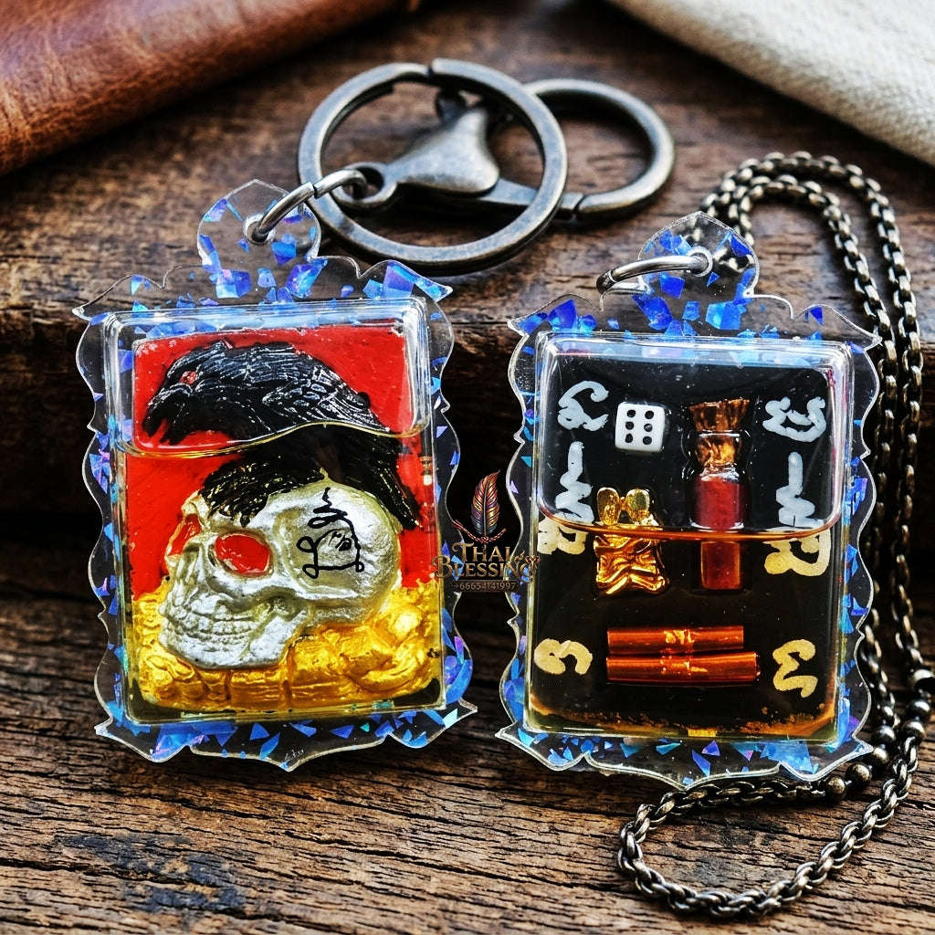 Authentic Thai Occult Charm Amulet "E-Ka Tom Sak BE 2566" - Crow on Skull Sacred Cemetery Powder Pendant with Lucky Dice in Wan Dok Thong Oil