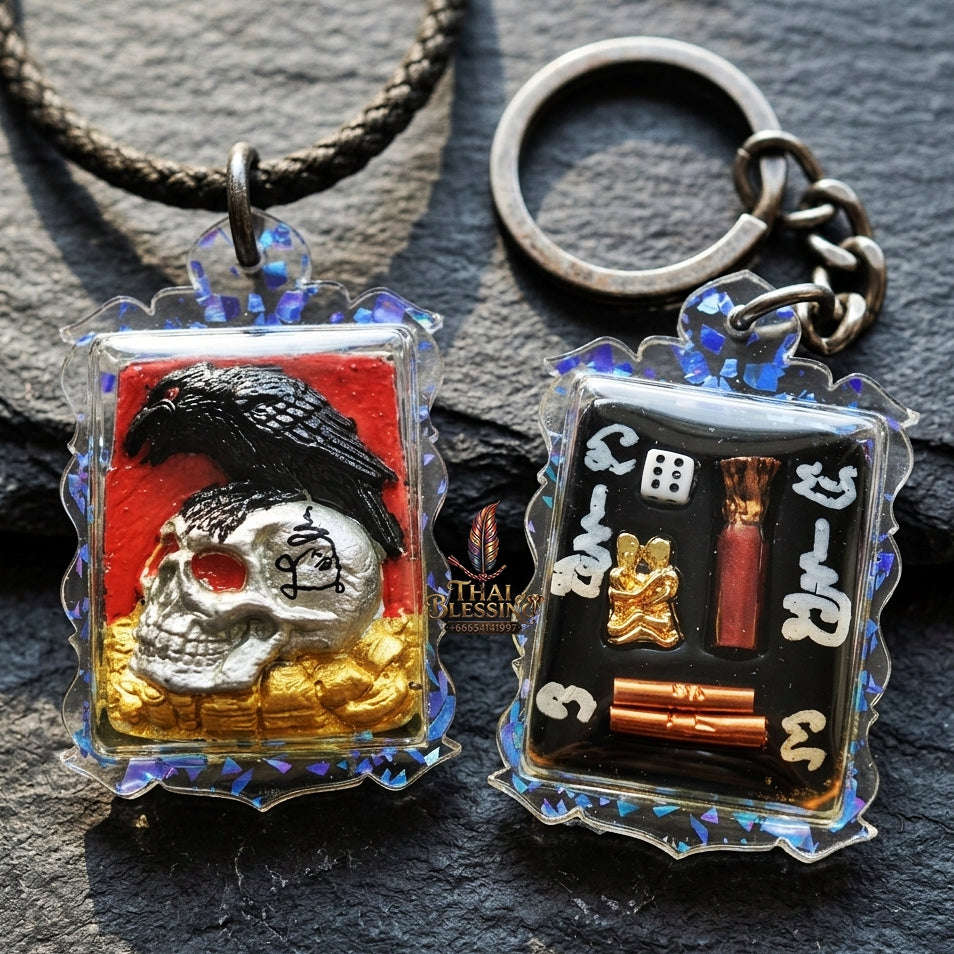 Authentic Thai Occult Charm Amulet "E-Ka Tom Sak BE 2566" - Crow on Skull Sacred Cemetery Powder Pendant with Lucky Dice in Wan Dok Thong Oil