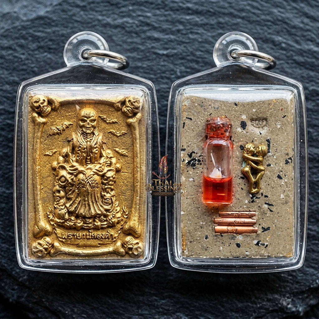 Authentic Thai Occult Charm Amulet "Phrai Mae Thongkham BE 2560" - Golden Painted Seven Cemetery Soil Skeleton Pendant with Sacred Oil & Inn Khoo Thai Blessing Co By RURUECHA