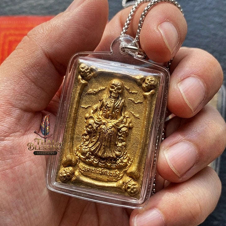 Authentic Thai Occult Charm Amulet "Phrai Mae Thongkham BE 2560" - Golden Painted Seven Cemetery Soil Skeleton Pendant with Sacred Oil & Inn Khoo Thai Blessing Co By RURUECHA