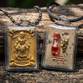 Authentic Thai Occult Charm Amulet "Phrai Mae Thongkham BE 2560" - Golden Painted Seven Cemetery Soil Skeleton Pendant with Sacred Oil & Inn Khoo Thai Blessing Co By RURUECHA