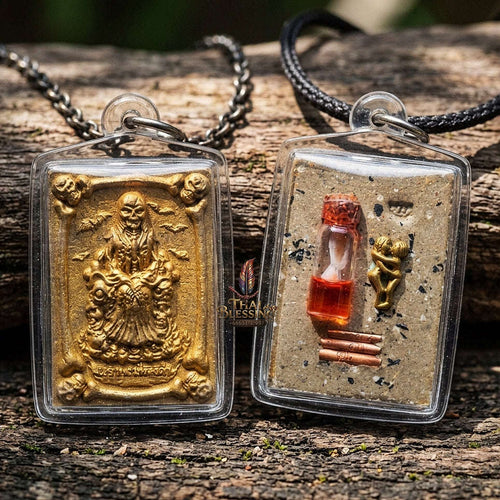 Authentic Thai Occult Charm Amulet "Phrai Mae Thongkham BE 2560" - Golden Painted Seven Cemetery Soil Skeleton Pendant with Sacred Oil & Inn Khoo Thai Blessing Co By RURUECHA