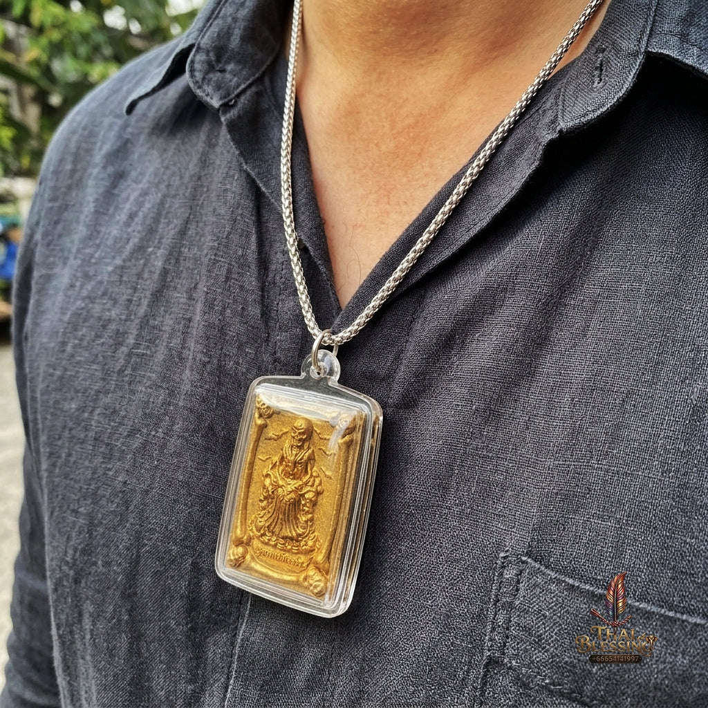 Authentic Thai Occult Charm Amulet "Phrai Mae Thongkham BE 2560" - Golden Painted Seven Cemetery Soil Skeleton Pendant with Sacred Oil & Inn Khoo Thai Blessing Co By RURUECHA