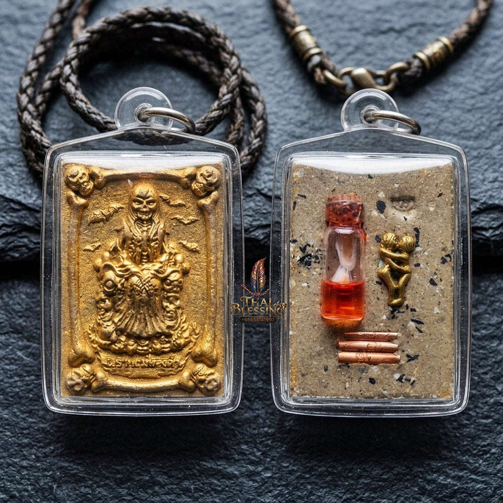 Authentic Thai Occult Charm Amulet "Phrai Mae Thongkham BE 2560" - Golden Painted Seven Cemetery Soil Skeleton Pendant with Sacred Oil & Inn Khoo Thai Blessing Co By RURUECHA