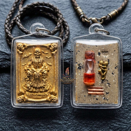 Authentic Thai Occult Charm Amulet "Phrai Mae Thongkham BE 2560" - Golden Painted Seven Cemetery Soil Skeleton Pendant with Sacred Oil & Inn Khoo Thai Blessing Co By RURUECHA