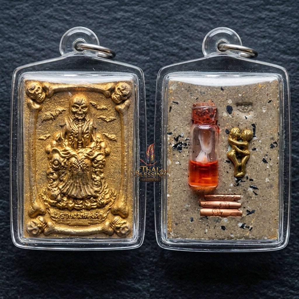 Authentic Thai Occult Charm Amulet "Phrai Mae Thongkham BE 2560" - Golden Painted Seven Cemetery Soil Skeleton Pendant with Sacred Oil & Inn Khoo Thai Blessing Co By RURUECHA