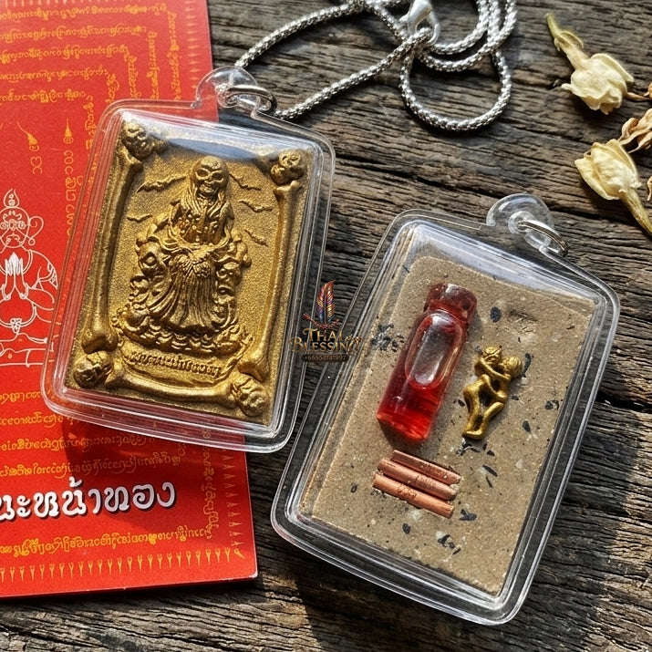 Authentic Thai Occult Charm Amulet "Phrai Mae Thongkham BE 2560" - Golden Painted Seven Cemetery Soil Skeleton Pendant with Sacred Oil & Inn Khoo Thai Blessing Co By RURUECHA