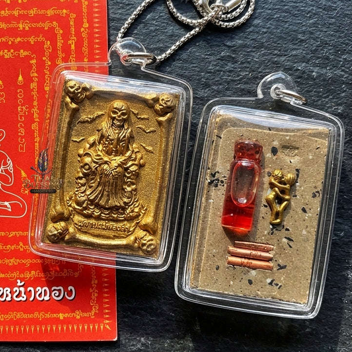 Authentic Thai Occult Charm Amulet "Phrai Mae Thongkham BE 2560" - Golden Painted Seven Cemetery Soil Skeleton Pendant with Sacred Oil & Inn Khoo Thai Blessing Co By RURUECHA