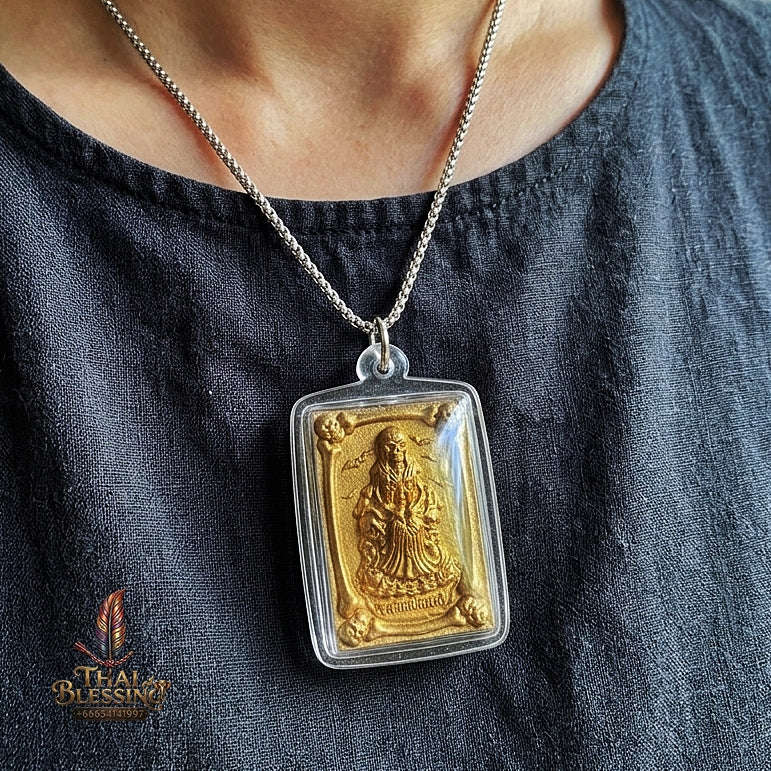 Authentic Thai Occult Charm Amulet "Phrai Mae Thongkham BE 2560" - Golden Painted Seven Cemetery Soil Skeleton Pendant with Sacred Oil & Inn Khoo Thai Blessing Co By RURUECHA