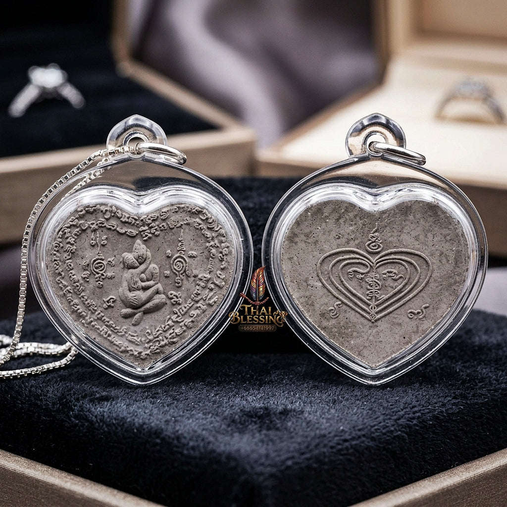 Authentic Thai Occult Love Amulet "In Khu Maha Saneh BE 2558" - Supreme Phrai & Dok Thong Herbal Powder Heart-Shaped Seductive Talisman