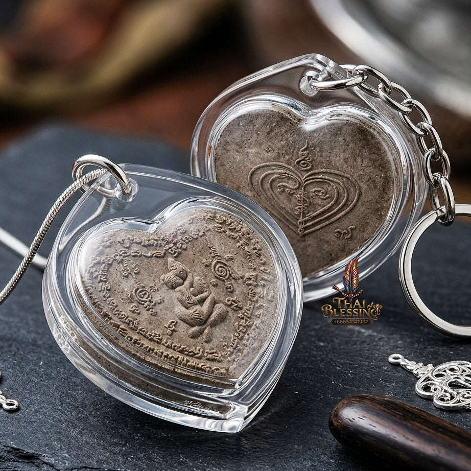 Authentic Thai Occult Love Amulet "In Khu Maha Saneh BE 2558" - Supreme Phrai & Dok Thong Herbal Powder Heart-Shaped Seductive Talisman