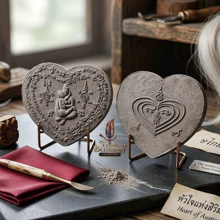 Authentic Thai Occult Love Amulet "In Khu Maha Saneh BE 2558" - Supreme Phrai & Dok Thong Herbal Powder Heart-Shaped Seductive Talisman