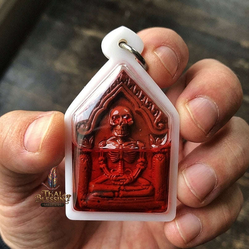 Authentic Thai Occult Necromancy Amulet "Hong Phrai Riak Sub BE 2568" - Red Sacred Sorcery Powder Spirit Pendant in Namman Prai Oil with Golden Spirit & Dual Takrut