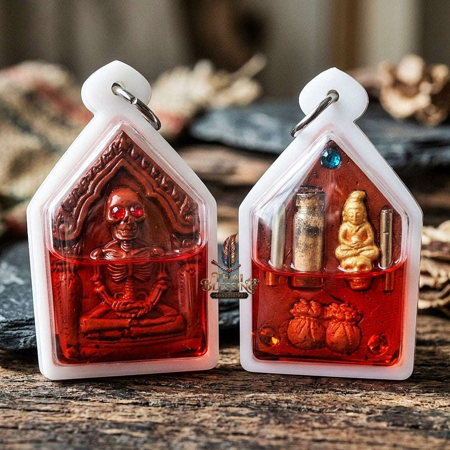 Authentic Thai Occult Necromancy Amulet "Hong Phrai Riak Sub BE 2568" - Red Sacred Sorcery Powder Spirit Pendant in Namman Prai Oil with Golden Spirit & Dual Takrut