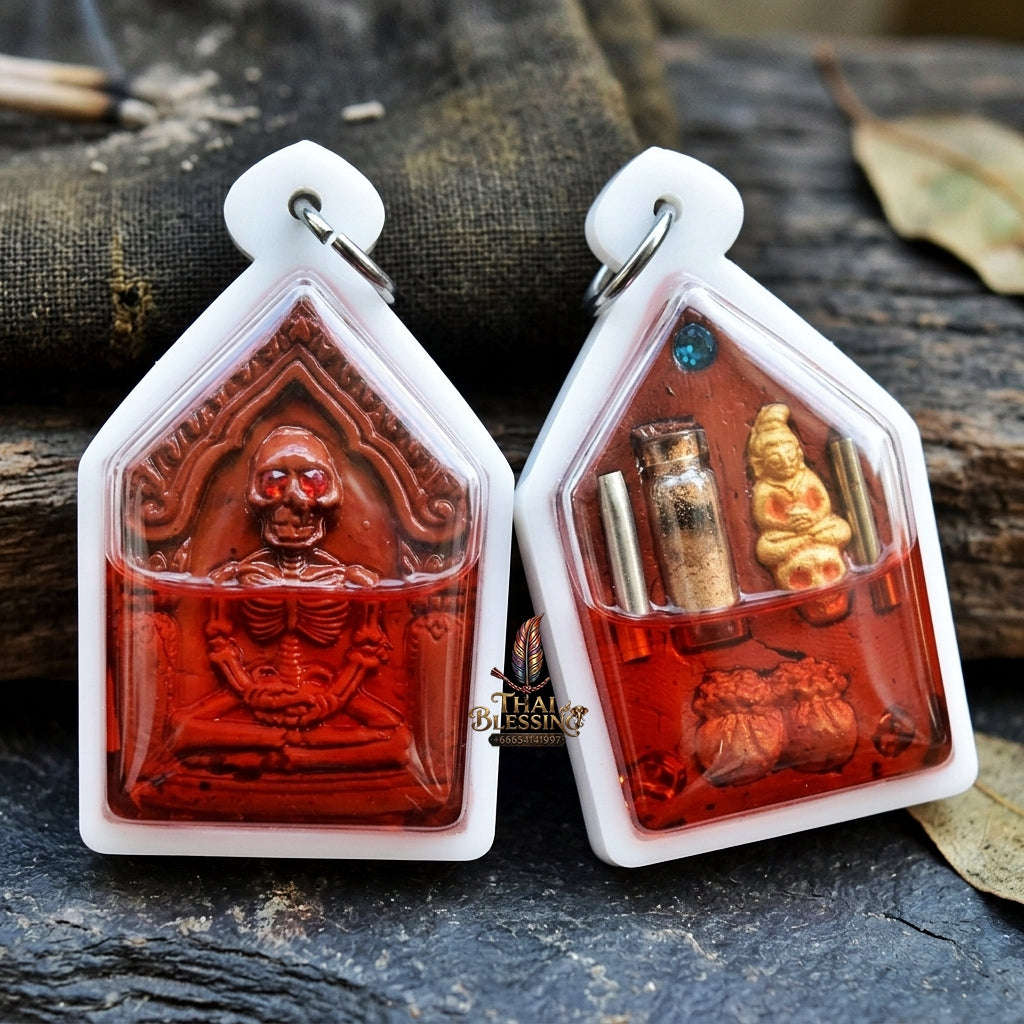 Authentic Thai Occult Necromancy Amulet "Hong Phrai Riak Sub BE 2568" - Red Sacred Sorcery Powder Spirit Pendant in Namman Prai Oil with Golden Spirit & Dual Takrut