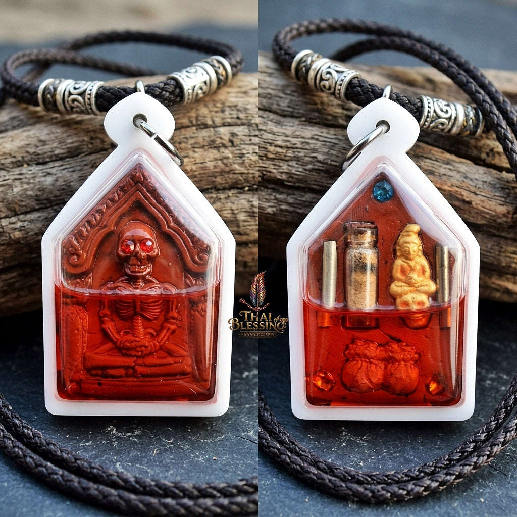 Authentic Thai Occult Necromancy Amulet "Hong Phrai Riak Sub BE 2568" - Red Sacred Sorcery Powder Spirit Pendant in Namman Prai Oil with Golden Spirit & Dual Takrut