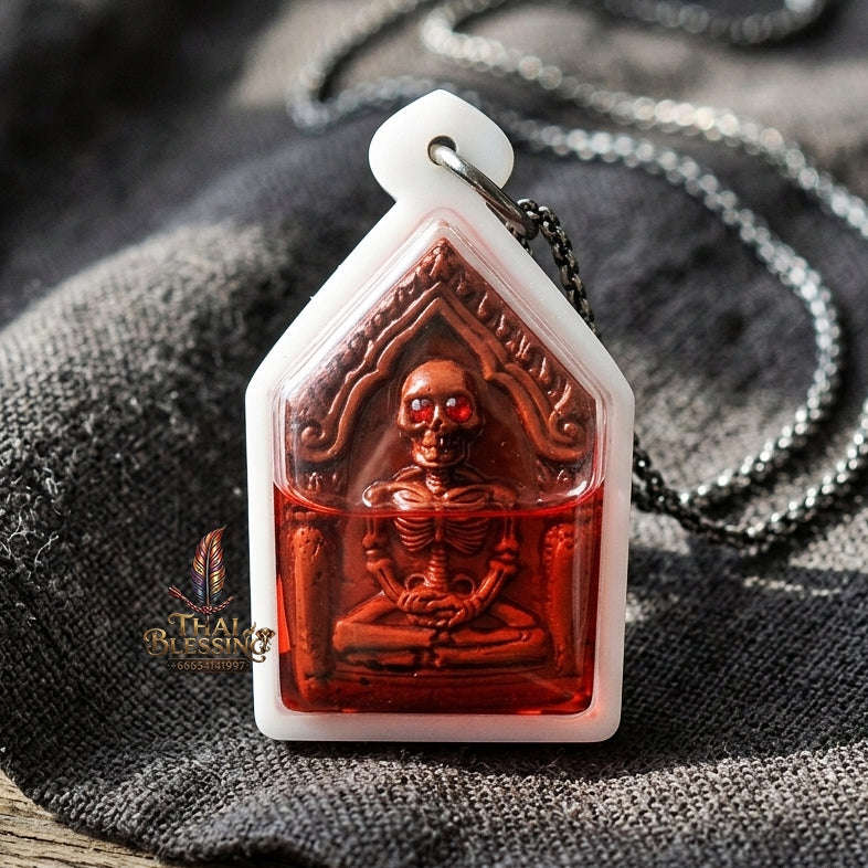 Authentic Thai Occult Necromancy Amulet "Hong Phrai Riak Sub BE 2568" - Red Sacred Sorcery Powder Spirit Pendant in Namman Prai Oil with Golden Spirit & Dual Takrut