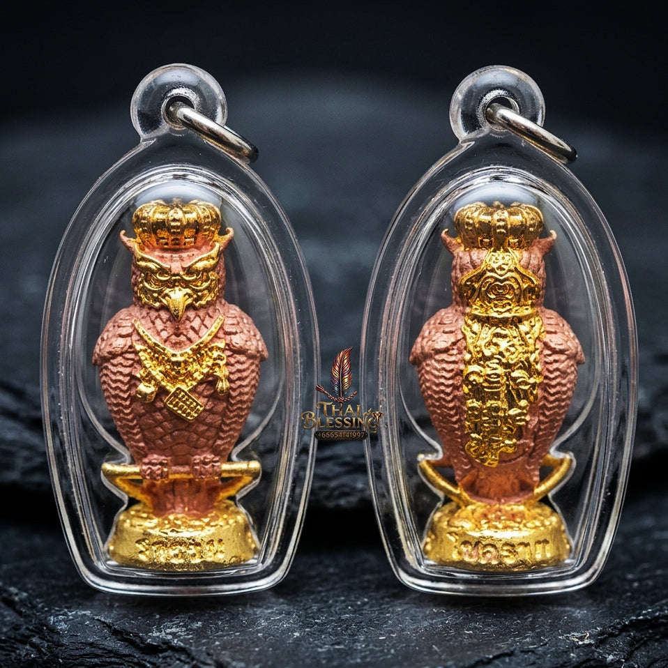 Authentic Thai Owl Wealth Amulet "Nok Thuet Thue BE 2565" - 2K Plated Bronze Night Fortune Owl Pendant Thai Blessing Co By RURUECHA